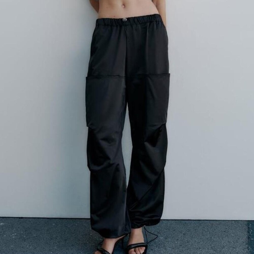 zara baggy satin black cargo pants size xs